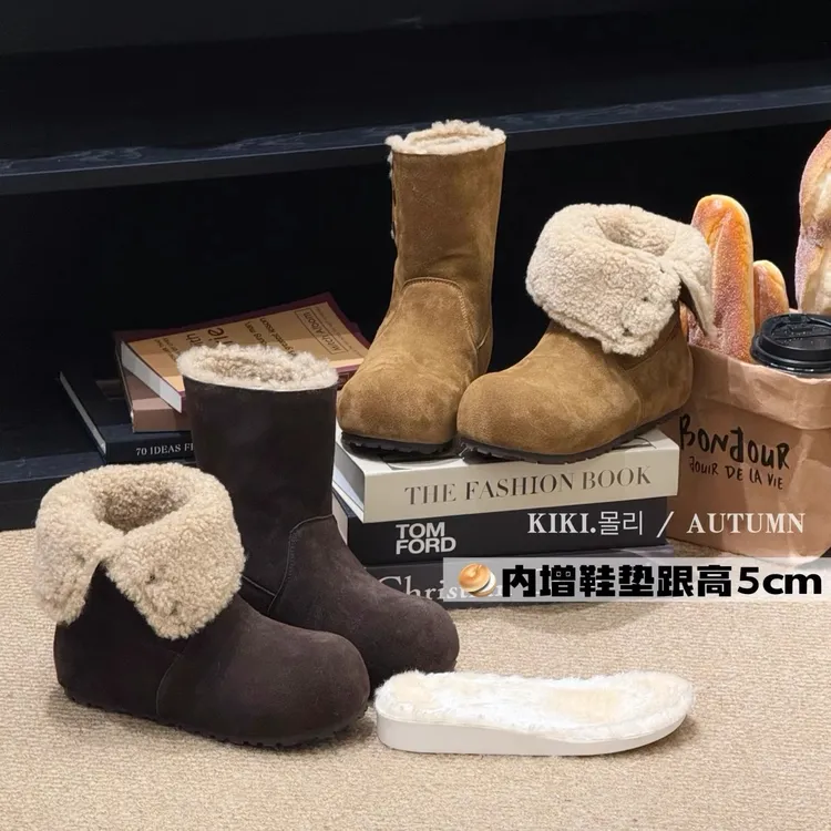 内增高翻折时装靴2025复古羊羔毛加绒加厚短靴保暖增高休闲棉鞋女