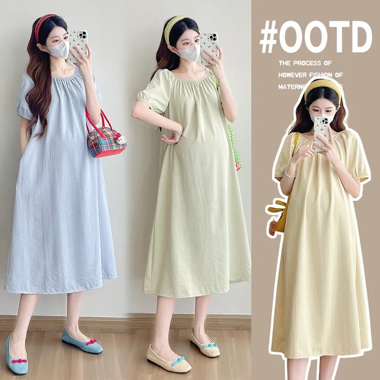孕妇装2025夏季新款宽松圆领薄款时尚小清新孕妇连衣裙