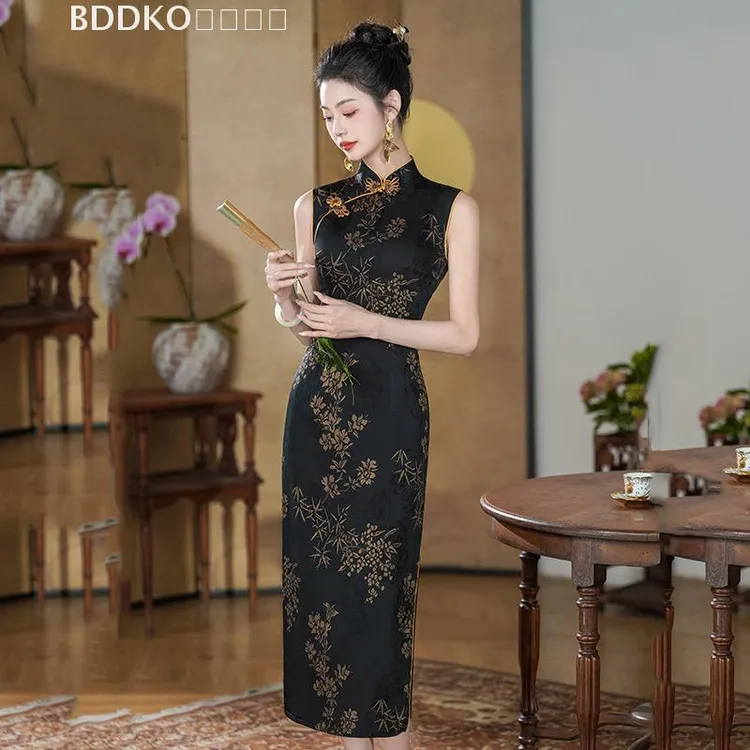 LACAH黑色显瘦国风新中式长款无袖旗袍改良年轻款2025新款女复古