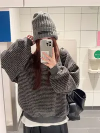韩系条纹圆领卫衣女秋冬季新款小个子宽松慵懒风长袖简约加厚卫衣