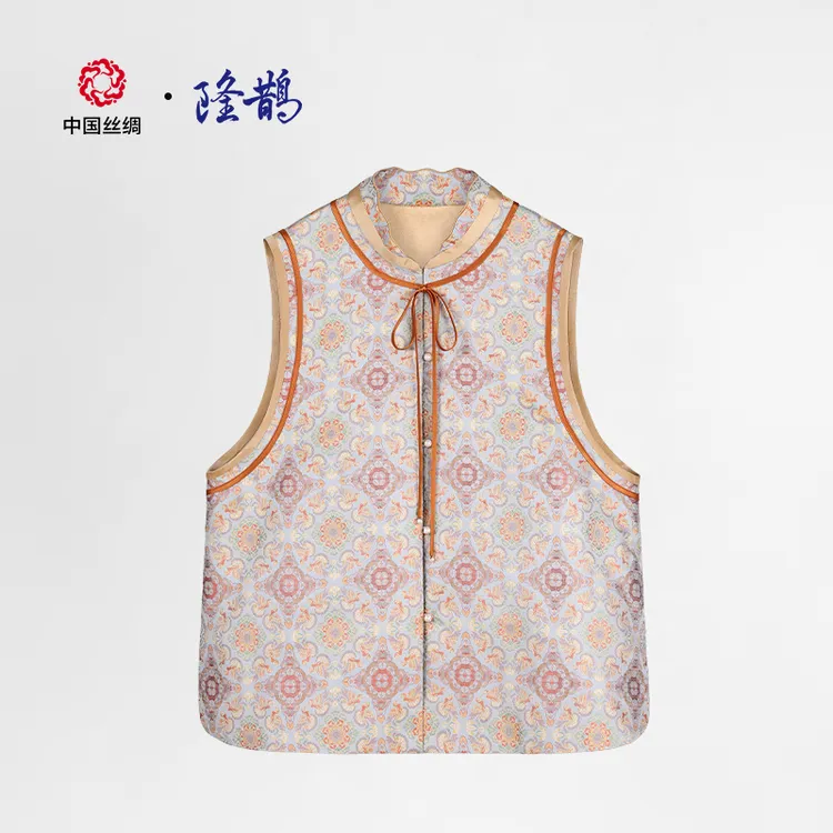 中国丝绸隆鹊『秋水雁归湖蓝』宋锦对襟马甲新中式女装甜美可爱百搭