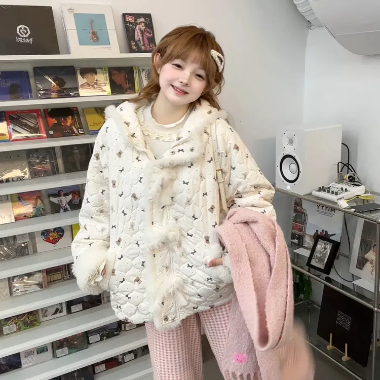 茄茄西米原创[抱抱小熊]奶白色小熊加绒厚棉服可爱甜美冬