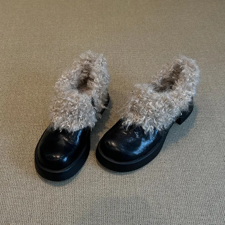 羊皮版~复古厚跟毛毛鞋单鞋圆头一脚蹬乐福鞋加绒加厚高跟小皮鞋