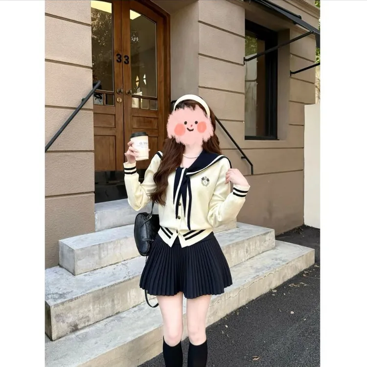 【海德校刊】气质学院风海军领披肩针织衫&百搭高腰百褶裙两件套