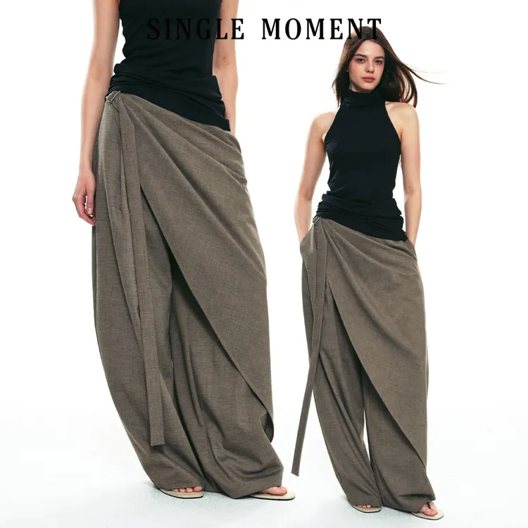 SINGLE MOMENT 25SS夏季新款羊毛混纺多层次飘带休闲阔腿西裤女