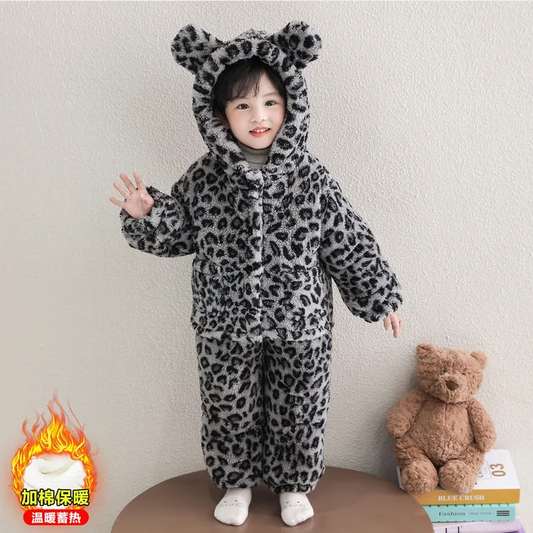 儿童冬季加绒加厚新款家居服男童宝宝夹棉三层装过冬保暖睡衣套装