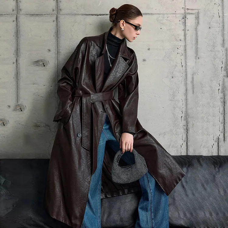 2025秋冬新款复古做旧高级感PU皮风衣长款宽松过膝系带皮衣外套女