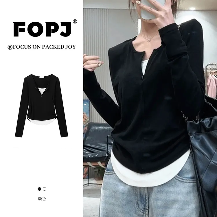FOPJ美式打底衫女内搭长袖t恤春季撞色假两件时尚设计感正肩上衣