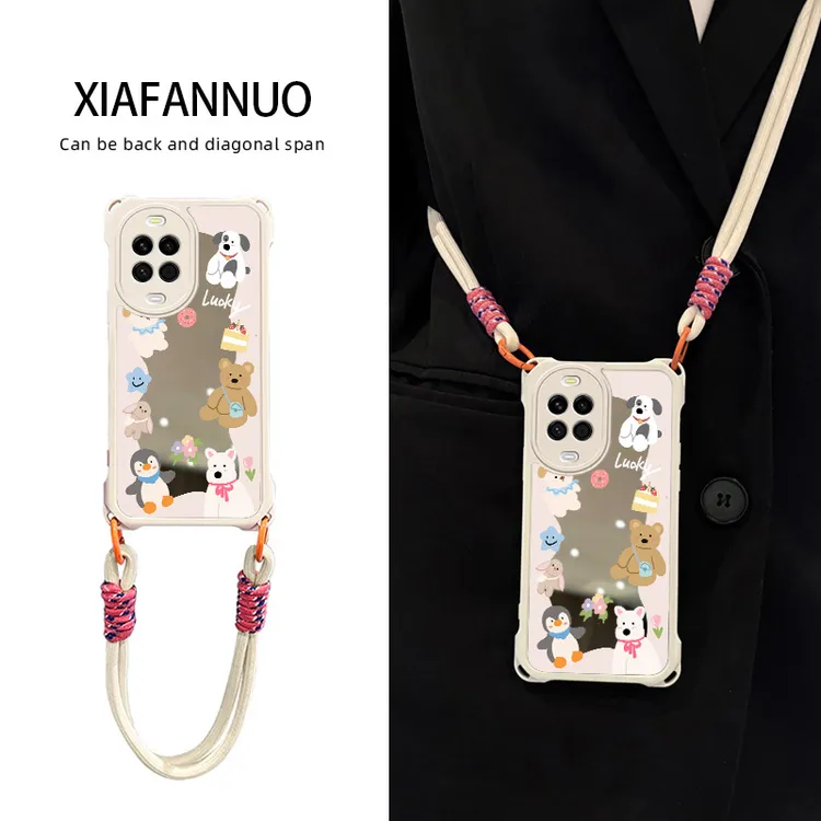 适用华为nova14pro手机壳ultra镜子镜面卡通高颜值带挂绳斜挎动物