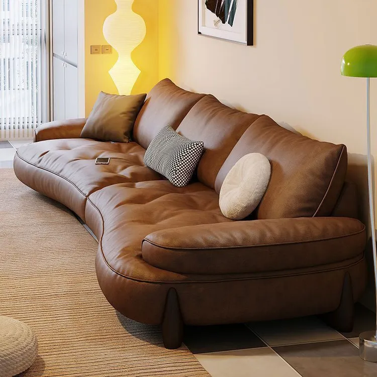 真皮沙发客厅家用现代中古风复古意式极简轻奢创意简约北欧弧形款