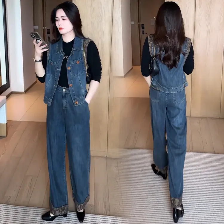 时尚休闲牛仔套装女2025秋季新款洋气显瘦女神无袖拼接上衣阔腿裤