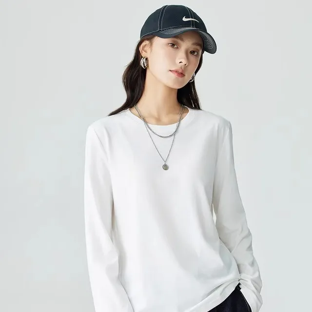 【100%棉】茵曼25新款女T恤打底上衣长袖纯棉休闲刺绣圆领正白色