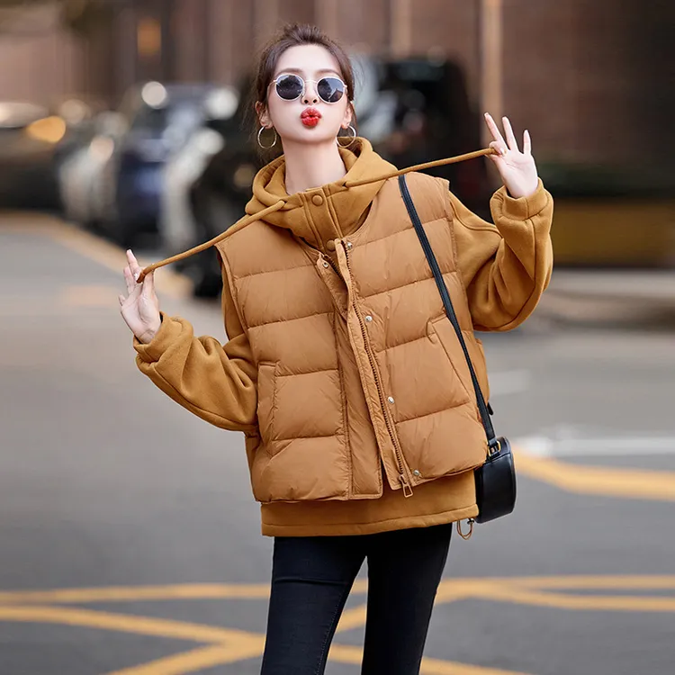 【两件套】冬季百搭休闲羽绒马甲加绒加厚卫衣女士外穿连帽秋冬套装