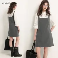 CHACHASTU 早秋气质一字领显瘦叠穿吊带短裙长袖显瘦衬衫套装K40