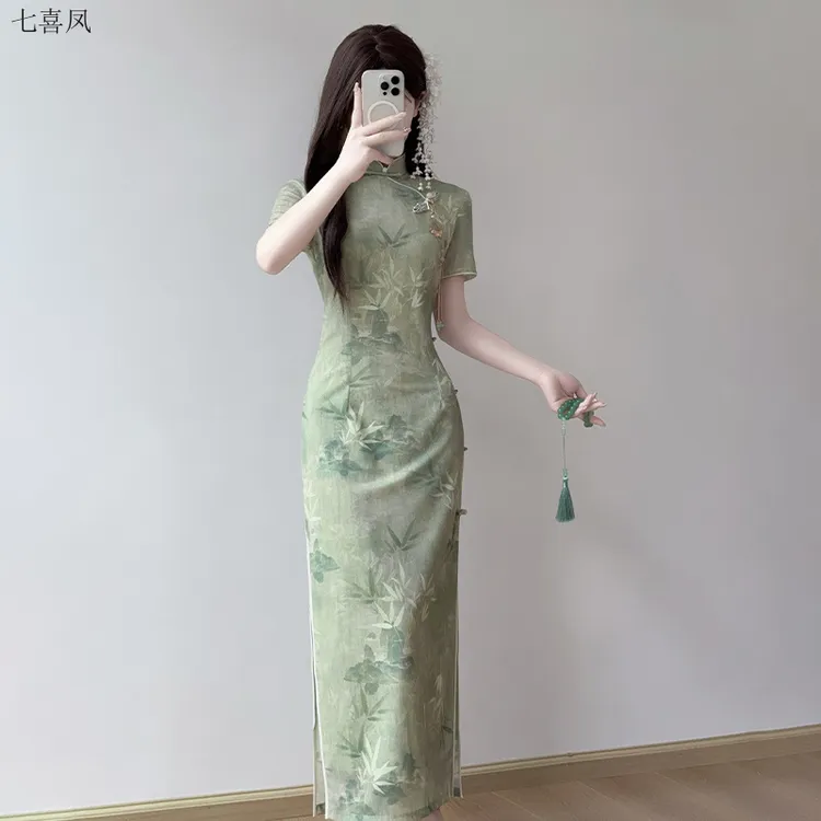 绿色改良旗袍女长款年轻高端中考高考夏季送考夏季气质复古显瘦