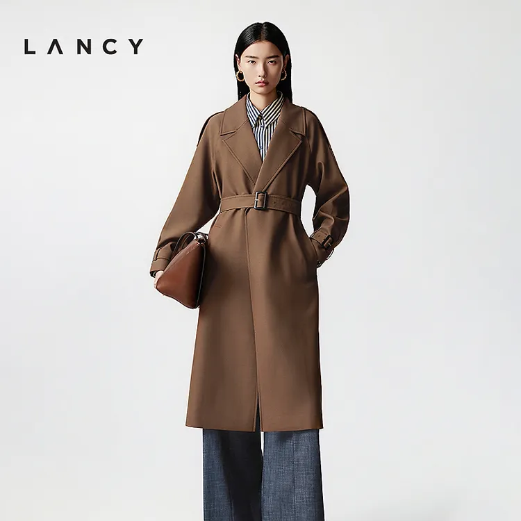 LANCY/朗姿2025秋季新款绵羊毛混纺都市感气质长款风衣时尚复古