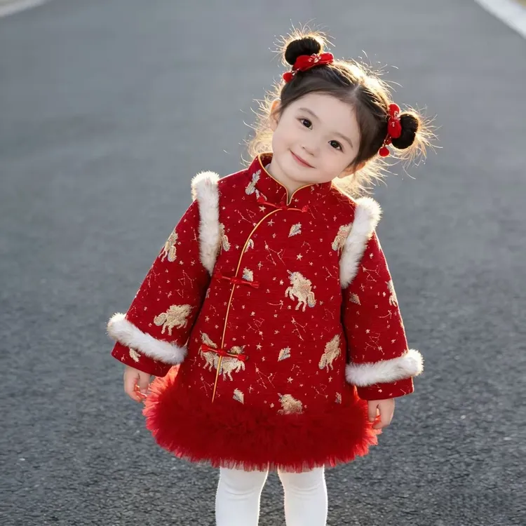 汉服女童冬季冬装加绒中国新年旗袍新款儿童宝宝过年加厚拜年唐装