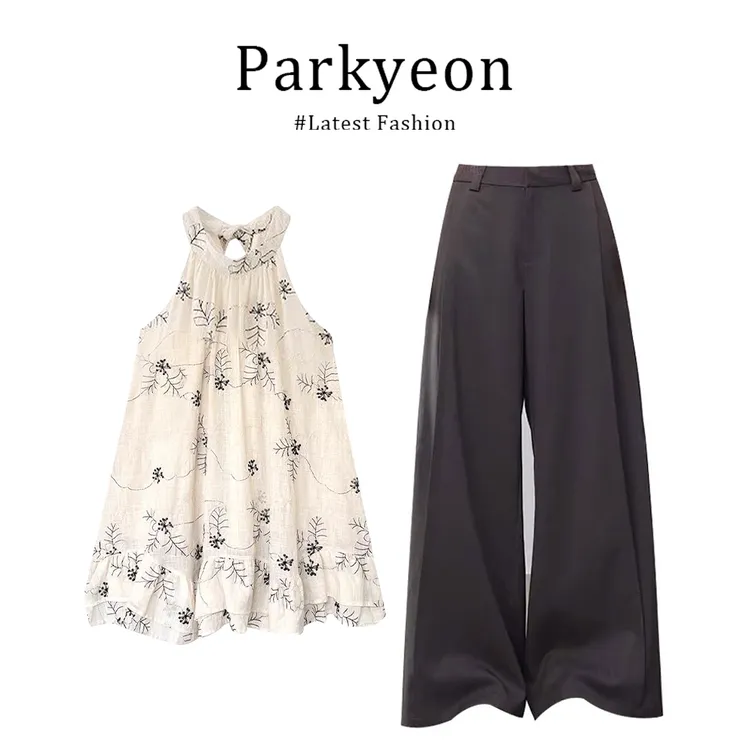 2025新款国风复古刺绣挂脖吊带背心垂感显瘦西装休闲长裤两件套夏