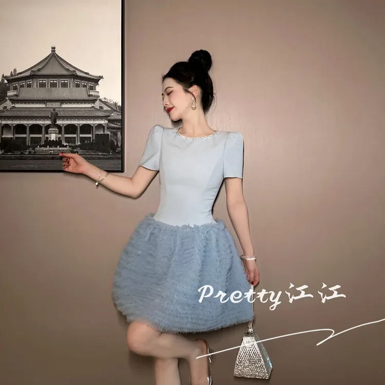 Pretty小众设计师品牌江江定制 拼接圆领蓝色气质甜美连衣裙61237