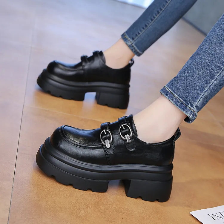 真皮厚底英伦风小皮鞋2025春秋新款时尚百搭圆头乐福鞋搭扣单鞋女