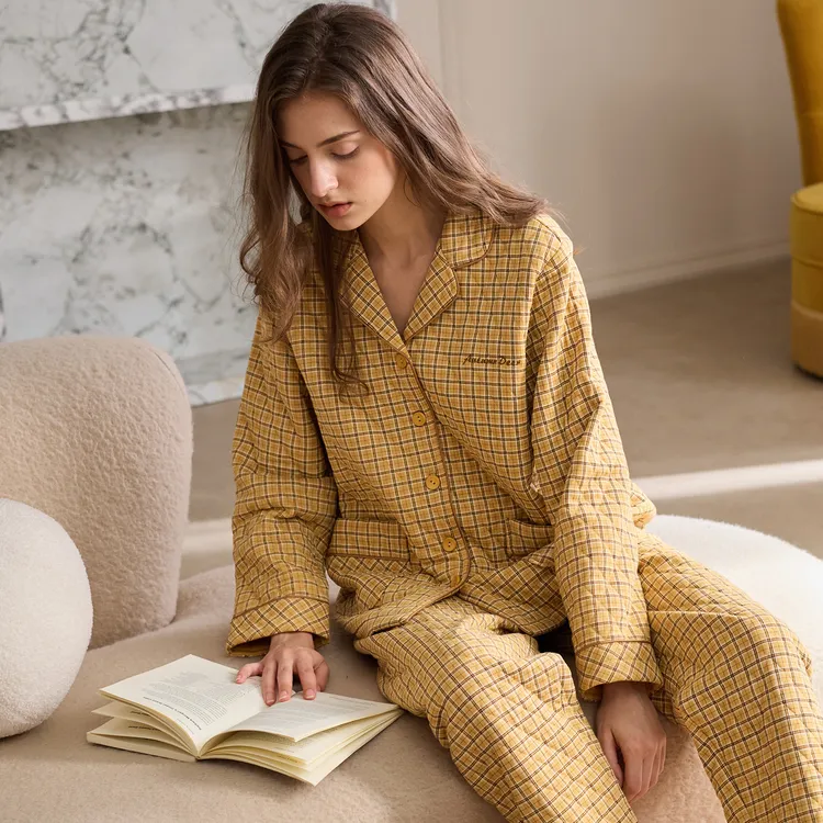 菱形格夹丝布印花国民领长袖长裤女套