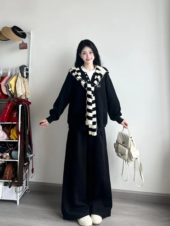 黑色带披肩长袖卫衣女秋冬套装慵懒风宽松休闲运动两件套三件套潮