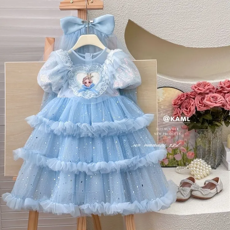 冰雪奇缘爱莎公主裙女童2026夏装新款儿童礼服蛋糕篷篷纱裙连衣裙