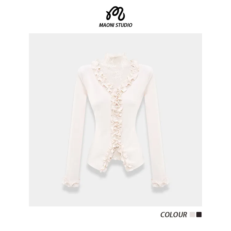 毛妮LADIESFIRST蕾丝花边修身长袖T恤女秋冬别致打底衫上衣L2702