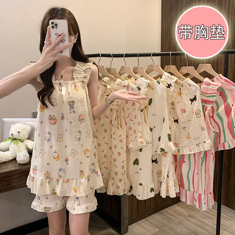 夏季清爽睡衣少女夏季甜美公主风带胸垫吊带短裤两件套家居服可外