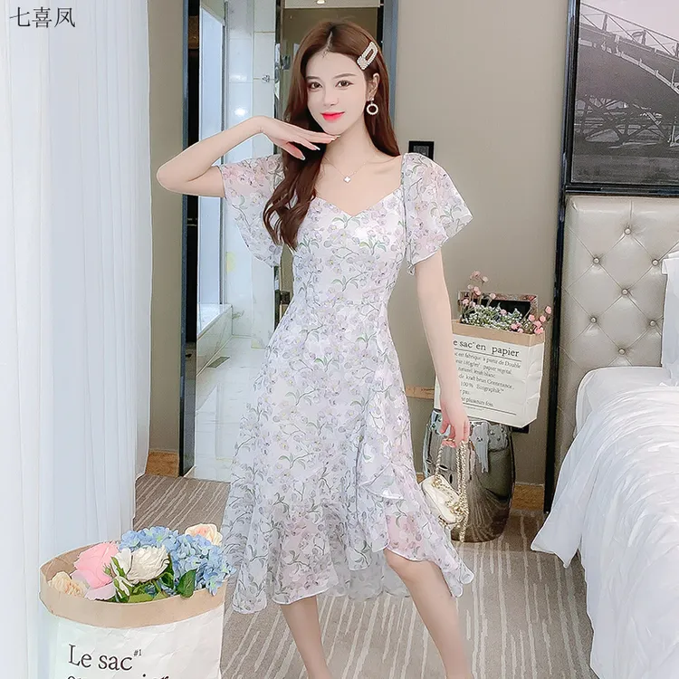 新款夏季短袖方领中长款连衣裙淑女气质荷叶边印花裙子
