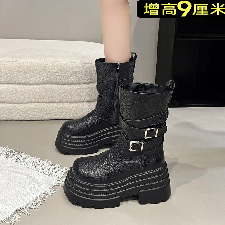 增高9cm马丁靴女松糕厚底靴2025冬季加绒小个子黑色瘦瘦中筒靴