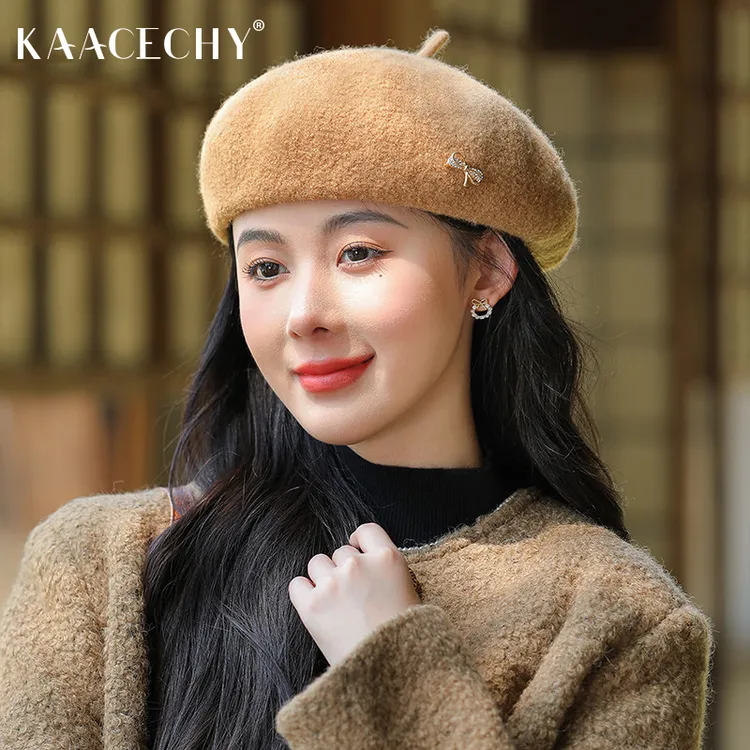 时髦个性帽子2026新款羊毛气质贝雷帽文艺复古显脸小蝴蝶结画家帽