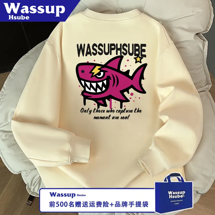 WASSUP HSUBE潮流长袖秋冬美式百搭卡通鲨鱼字母宽松印花情侣上衣