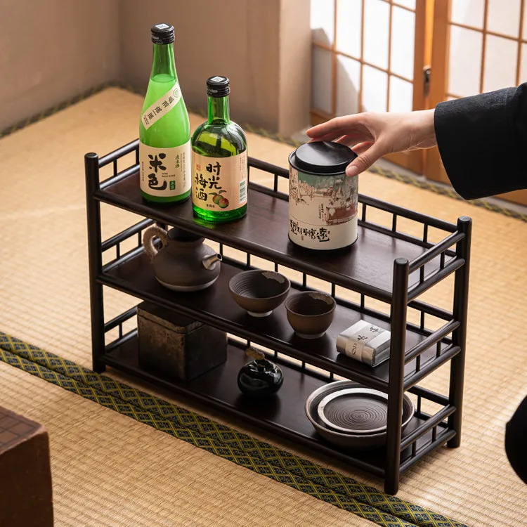 楠竹三层茶具博古架桌面展示架复古功夫茶具收纳架子杯架茶具配件