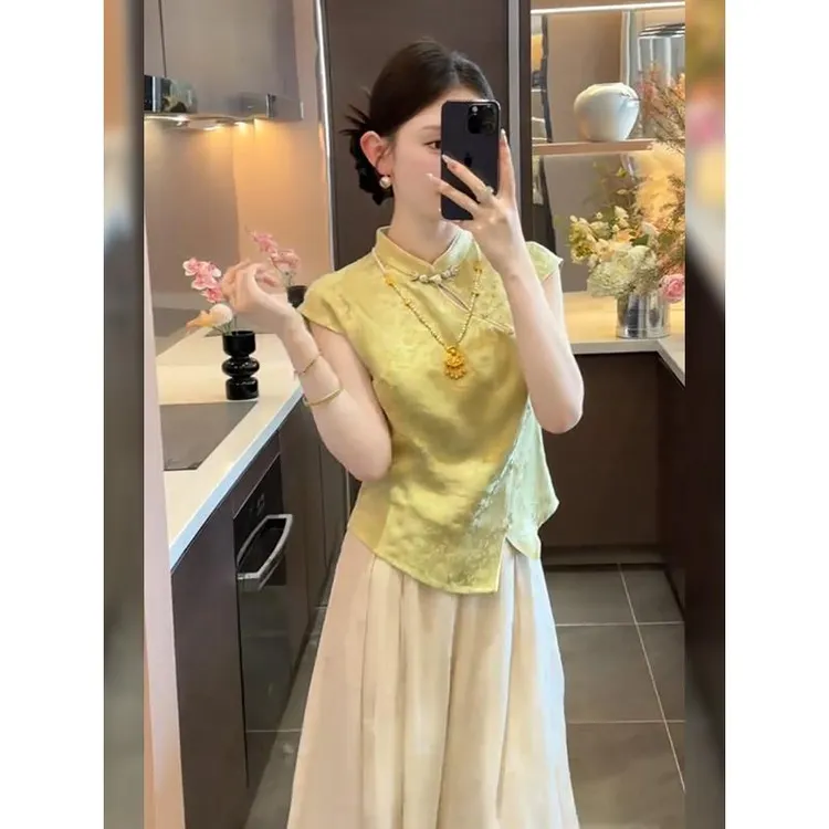 新中式时尚女装2025夏季新款百搭显瘦立领盘扣上衣阔腿裤两件套装