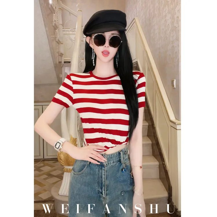 WEIFANSHU/魏凡舒【综艺路透】夏季新款设计感撞色条纹经典百搭T恤