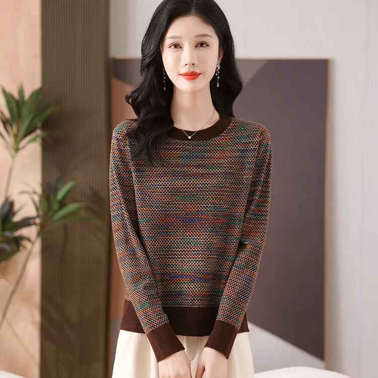 【秋季新品】时尚圆领拼色毛衣女秋冬针织衫短款上衣气质减龄打底衫