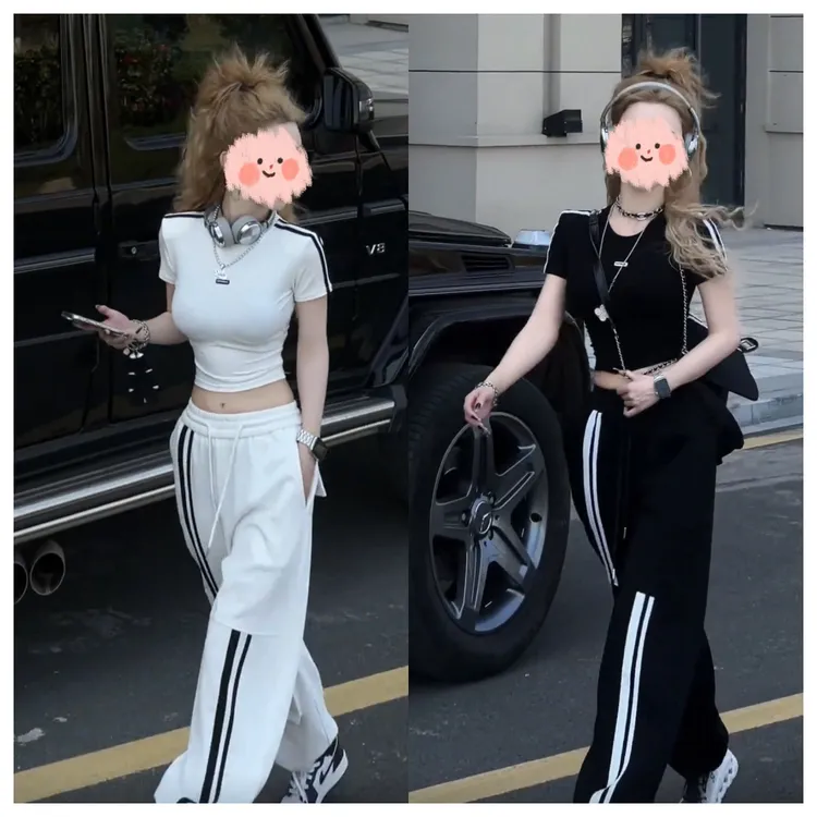 时尚休闲套装女夏季新款美式辣妹杠条正肩短袖T恤阔腿长裤两件套