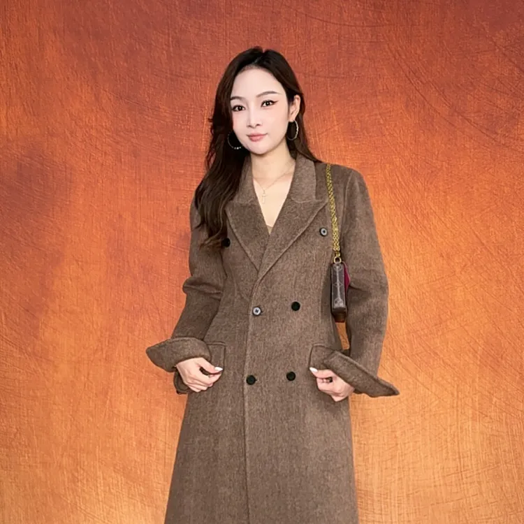 秋冬时尚高级气质绵羊毛双面呢长款收腰毛呢大衣