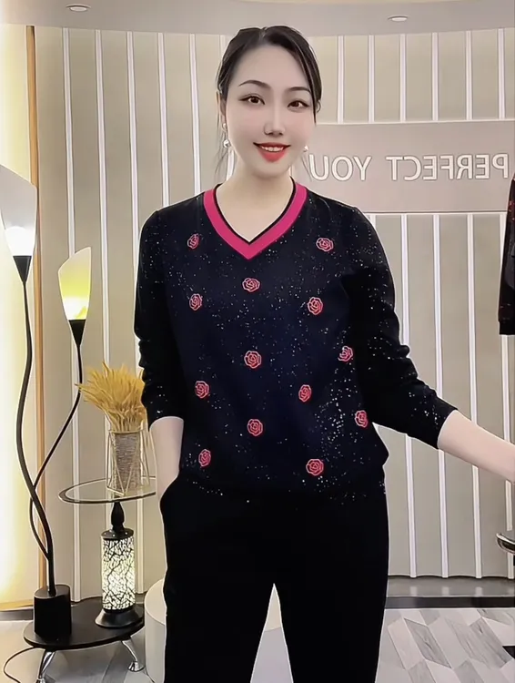 【玫瑰长袖】秋冬新品百搭上衣时尚休闲宽松长袖女士V领打底衫3920