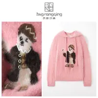 表哥绒情100山羊绒拉绒粉色小熊连帽加厚慵懒风套头羊绒衫