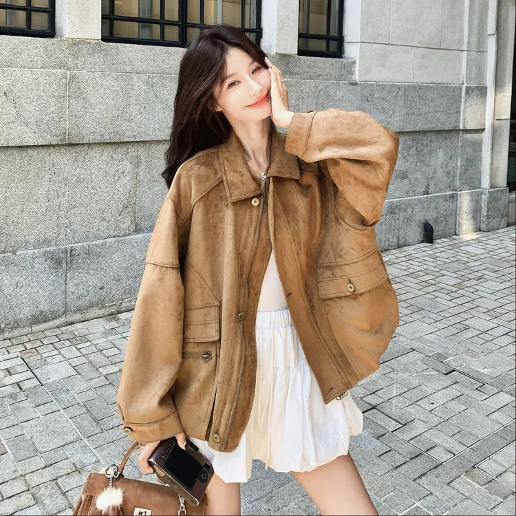 复古慵懒休闲风减龄上衣女2025秋季新款率性少女感显瘦麂皮绒外套