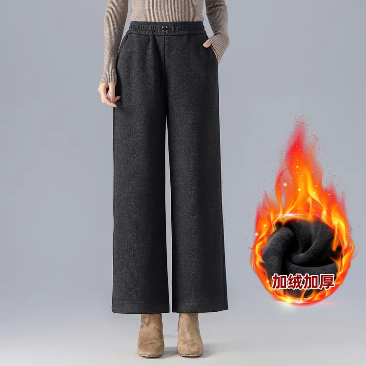 时尚妈妈裤子秋冬新款松紧高腰加绒加厚直筒裤保暖中老年人休闲裤
