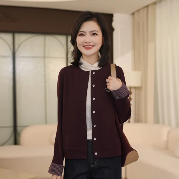 枫竺阿楠anan百搭圆领格纹拼接字母绣花短款外套女秋冬时尚穿搭