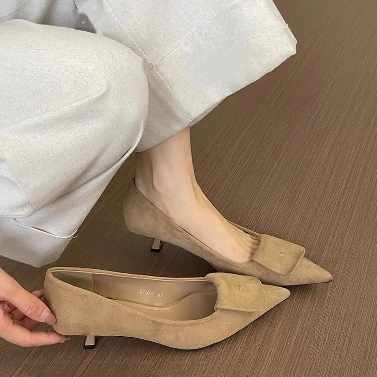2025秋季新款气质百搭浅口通勤细跟高跟鞋绒面法式尖头复古单鞋
