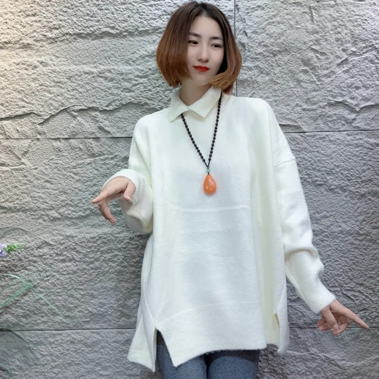 YXR2890秋冬新款小翻领毛衣宽松休闲大版中长款潮流百搭