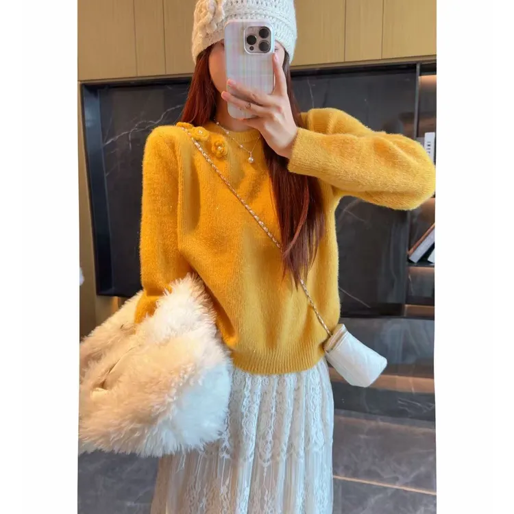 不起球 设计感甜美侧镂空花朵毛衣洋气减龄加厚针织衫女冬款