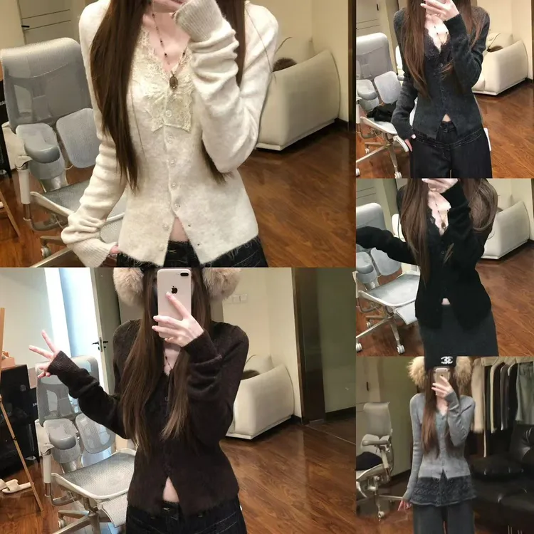 蕾丝氛围仿牛绒毛流感针织长袖秋冬显瘦气质温柔风上衣女0311