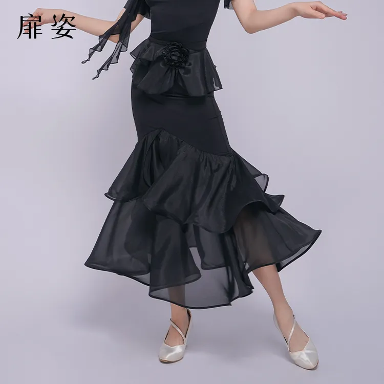 扉姿 摩登舞半身裙新款交谊舞中长裙练功裙松紧腰舞蹈包臀裙F2137