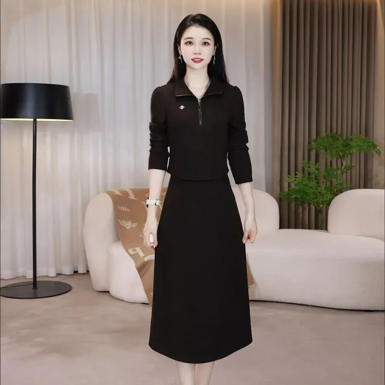【连衣裙】春秋显瘦气质翻领长袖洋气显瘦时尚减龄中长款连衣裙